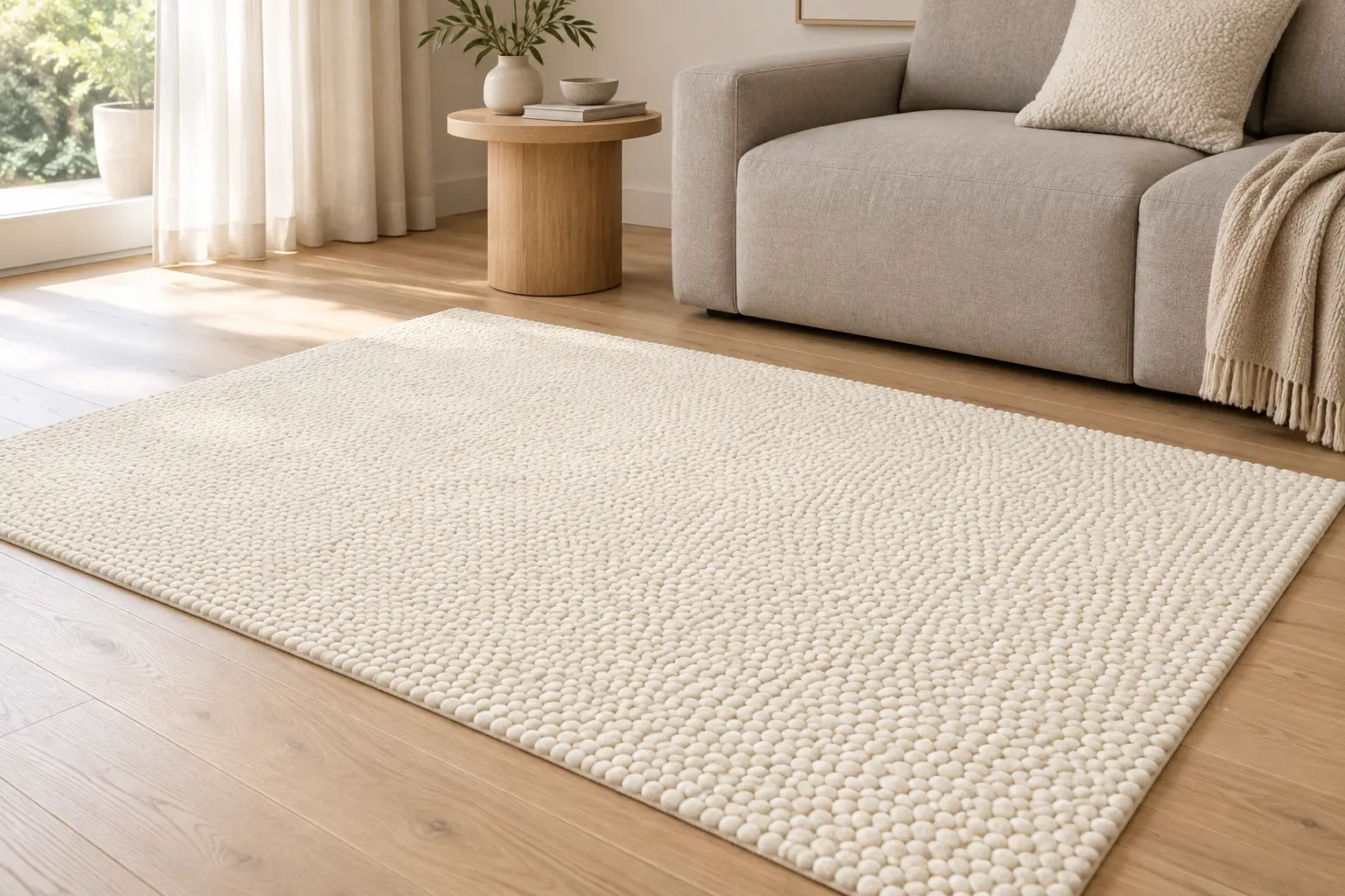 Crèmekleurig Pebble vloerkleed in een lichte woonkamer