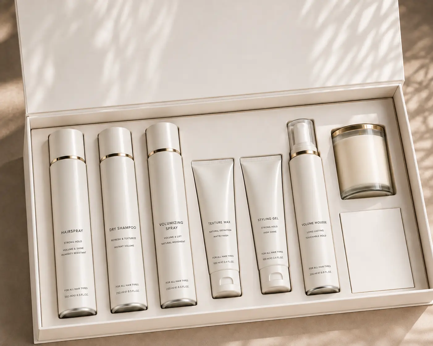 Anoniem concept van een premium private-label haarverzorgingslijn in een presentatiedoos