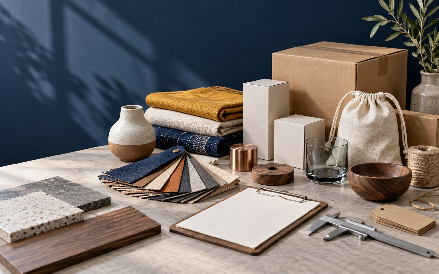 Retail product samples, materials and packaging on a sourcing workspace